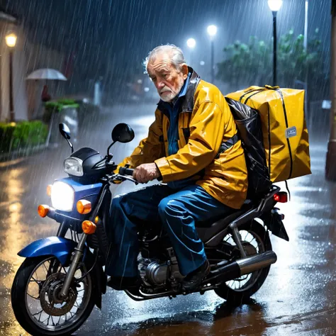 motorcycle courier, delivery, rain, sad, night, bag, inss, retirement, elderly man on the motorcycle, work