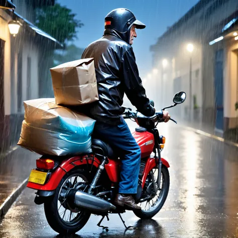 motorcycle courier, delivery, rain, sad, night, bag, inss, retirement, elderly man on the motorcycle, work