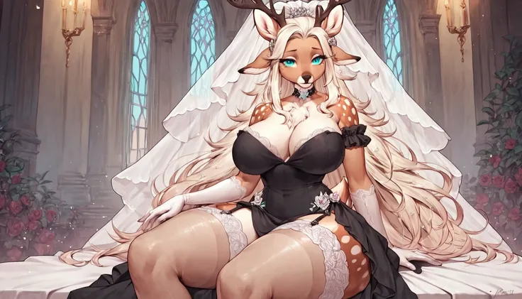 score_9, score_8_up, score_7_up, score_6_up, score_5_up, score_4_up, (solo), female anthro deer, bride dress, lusty, fluffy body, long blond hair, turquoise eyes, sitting, (thick thighs:1.5) (she is sitting) garter belt tights, big breasts, from the back, ...