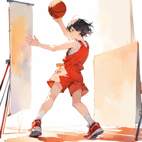 Bande dessinée. Full-length photograph. Plain white background. Watercolor of short-haired, black-haired heroine shooting a basketball wearing red overalls.