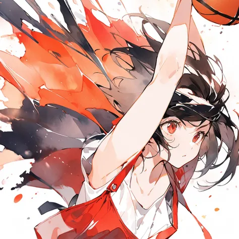 Bande dessinée. Full-length photograph. Plain white background. Watercolor of short-haired, black-haired heroine shooting a basketball wearing red overalls.