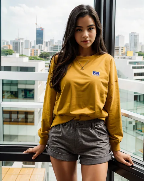 A beautiful young brazilian girl, with (extremely pale skin:1) with straight black hair, (small face), small nose, full lips, small shoulders, slim waist and thick hips, wearing black shorts with a red sweatshirt, standing in a large room, window overlooki...