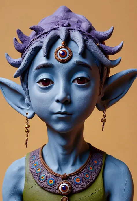 3D Art Sculpture。Clay Sculpture。 Painted pottery，Cement sculpture。(((1 Boy，独奏，third eye on the forehead，Elf ears))),whole body