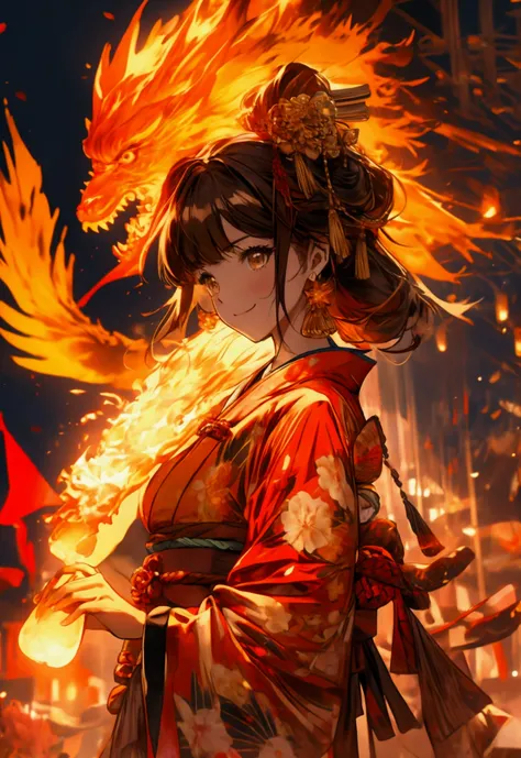 Character Design:

	•	Hair: Fiery red and orange gradient, appearing to flicker like flames in the light of the summer festival.
	•	Clothing: Modern-style yukata with flame motifs, incorporating red, orange, and gold hues.
	•	Accessories: Floral hairpieces...