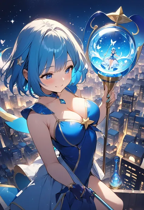 (Top quality illustrations:1.2), (pretty girl:1.1), (1 girl、17 years old), (1 girl、smile)、Bright blue hair、Short Bob Hair、Beautiful breasts、A blue-haired magical girl with a wand that ends in a blue hourglass、Flying through the night sky with magic, Lookin...