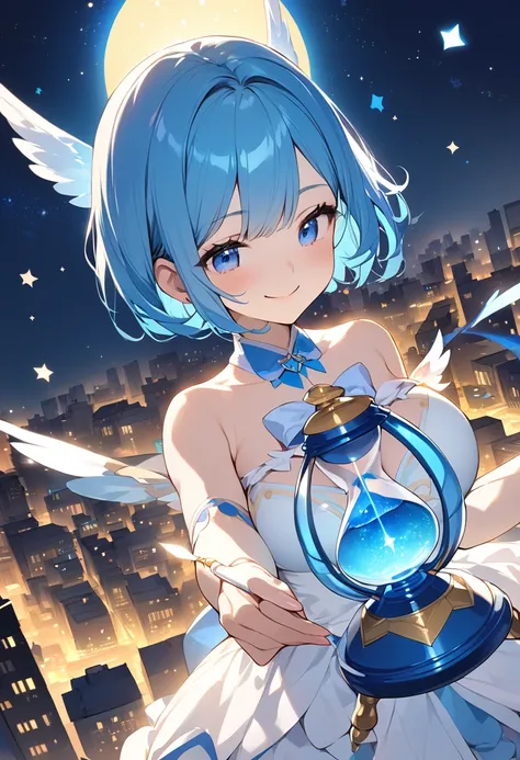 (Top quality illustrations:1.2), (pretty girl:1.1), (1 girl、17 years old), (1 girl、smile)、Bright blue hair、Short Bob Hair、Beautiful breasts、A blue-haired magical girl with a wand that ends in a blue hourglass、Flying through the night sky with magic, Lookin...