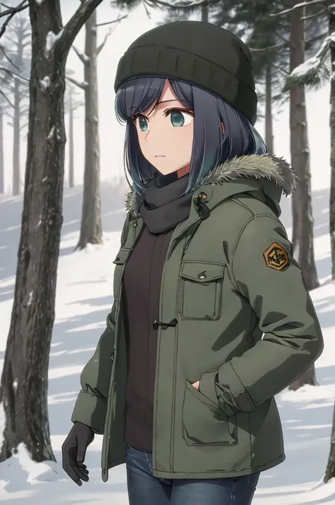 girl, jeans, dark green parka, black gloves, scarf, street, forest, snow