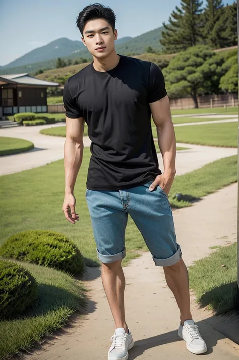 a young asian man stands, handsome, muscular, looking at the camera. in a simple black t-shirt, fieldside, grass, beach, sunligh...