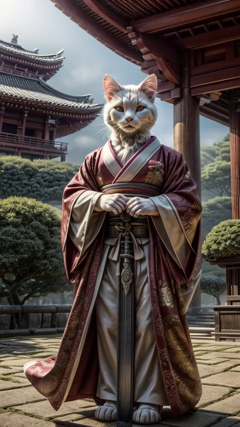 (((8k))), (((high resolution))),((highest quality)),a white cat wearing a kimono,muscle,bipedal,upright,short,3 heads,serious fa...