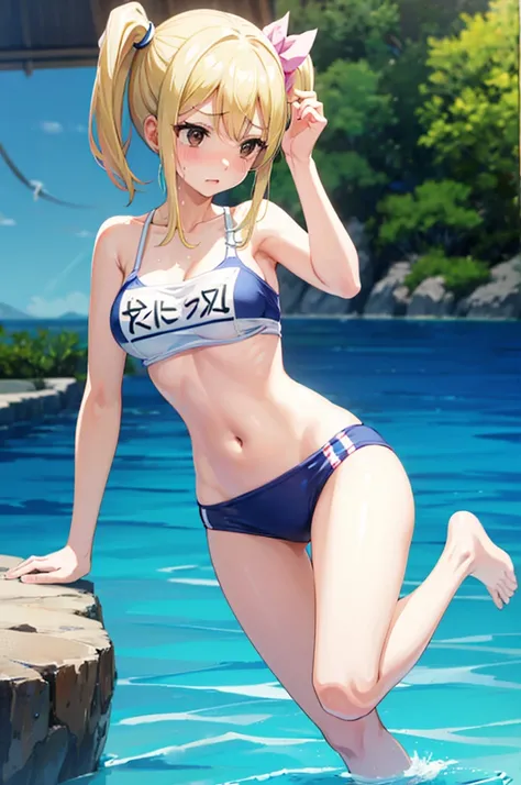 School Swimsuit,,Blushing、Pale brown eyes、Blonde、Side Ponytail、Medium Hair、、Head to toe full body、Blushing、Embarrassed look、Composition from the front、A view from slightly below、school swimwear、Acme Face、Random pose、, 、nsfw、Highest quality、1 girl、solo、Ocea...