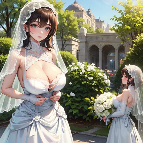 Girl with huge tight breasts wearing micro wedding dress with lace neckline in the park with veil and bouquet