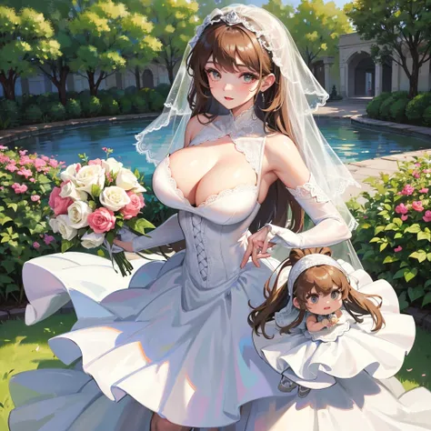 Girl with huge tight breasts wearing micro wedding dress with lace neckline in the park with veil and bouquet