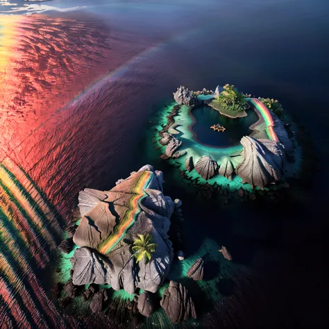 (rainbowcolored multiglowing island:1.4), from above, cinematic angle, realistic, hyper-realistic, photorealistic, (best quality,4k,8k,highres,masterpiece:1.2),ultra-detailed,(realistic,photorealistic,photo-realistic:1.37),vivid colors,dramatic lighting,