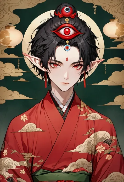 Art Illustration，Dark Style，(((1 Boy，独奏，third eye on the forehead，Elf ears))),(((Gorgeous Japanese red kimono：1.6，Eye Diagram，Dark Pattern))).(((Thin waist，Greenbelt：1.37)))whole body，Paper lanterns in the sky，Kongming Lantern