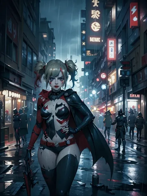 Full shot, Harley Quinn wearing the Batsuit in the heavy rain. on the streets of ghotam city in a neo city style. serious expression. walking. batman suit, batman cape flying through the air behind her. accessories related to batman and harley. overnight. ...