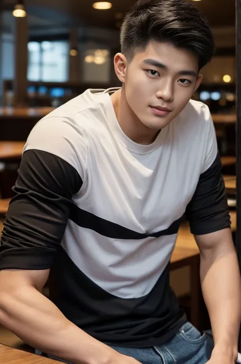 ((realistic daylight)) , Young Korean man in only a black sports shirt, no stripes, and jeans., A handsome, muscular young Asian man looks at the camera.  , in the restaurant ,turn sideways