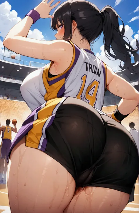 One woman、beautiful girl、high school girl、basketball、Basketball uniform、Lakers uniform、Clear panty line、Wristband、ponytail、Long Hair、Basketball Stadium、Shoot a 3-point shot、The stands are packed、Highest quality,  Thick thighs、Big 、Big Ass、Black Hair、Sweaty...