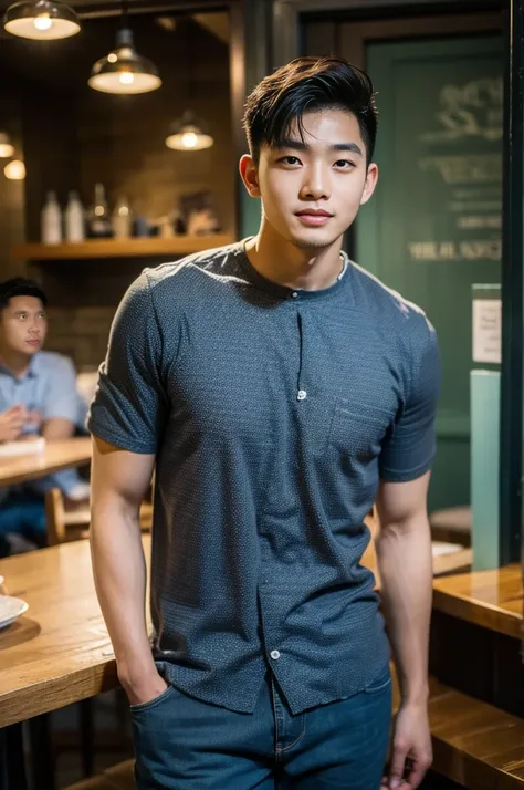 ((realistic daylight)) , Young Korean man in a black t-shirt with no pattern, a denim shirt, and jeans., A handsome, muscular young Asian man looks at the camera.  , in a Thai restaurant ,turn sideways