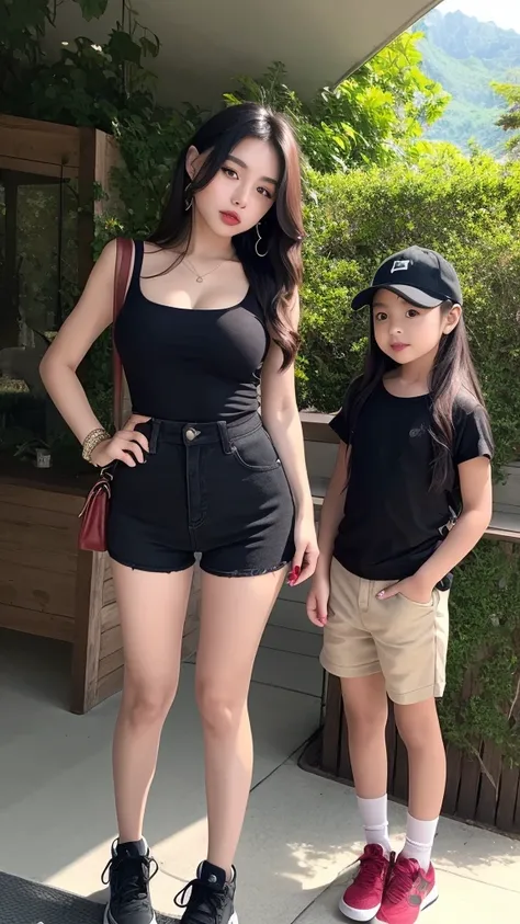 a very cute girl, solo, young, wearing brown t shirt and short pants, medium breast, standing, long hairs, red lips, at forest, realistic face, full body, green shoes