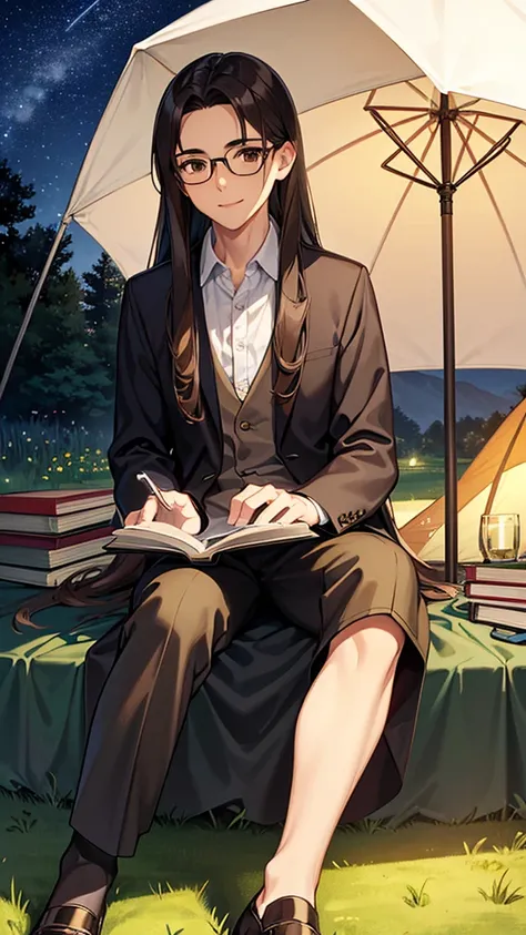 A young man is sitting on the grass and reading a book, Long black curly hair, Wear glasses, A delicate smile, Light brown eyes, Look up at the sky, Lamp light, whole body, Under the big tree, Vision, Tent in the background, Starry Sky, Illuminated night, ...