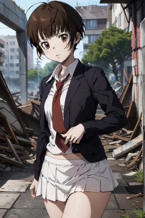 masterpiece,akane tsunemori, navy blue tight skirt, navy blue jacket, white shirt, tie, pushed to the floor of the ruins, ((lift...