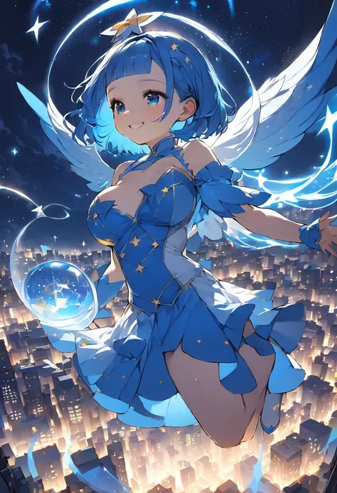 (Top quality illustrations:1.2), (pretty girl:1.1), (1 girl、17 years old), (1 girl、smile)、Bright blue hair、Short Bob Hair、Beautiful breasts、Blue haired magical girl、Flying through the night sky with magic, Looking down on the city from the sky、The blue hou...