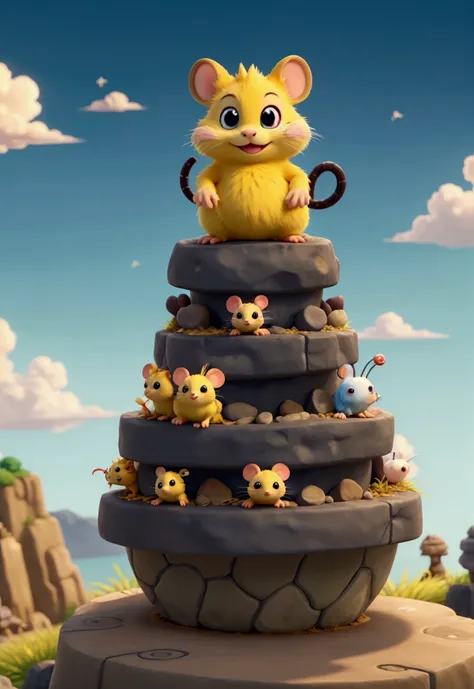 anime styling, animal rato. electric mouse, electrical powers, lightning-shaped tail, warm zigzag, black spot at the end of the syrup, yellow mouse, chubby mouse, on the rocks, at the mountain, sunny blue sky, gram
