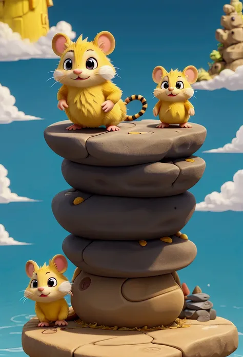 anime styling, animal rato. electric mouse, electrical powers, lightning-shaped tail, warm zigzag, black spot at the end of the syrup, yellow mouse, chubby mouse, on the rocks, at the mountain, sunny blue sky, gram
