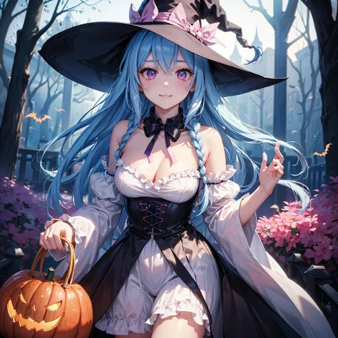 (Light blue medium hair),(Braided hair tied together)、Pink eyes、Fair skin、cowboy shot、Halloween、The background is a pumpkin ghost、Trick or Treat、A lot of sweets、witch、Halloweenナイトパーティー、Candy、Cosplay、A surprising smile、A dignified figure、solo、(masterpiece、H...