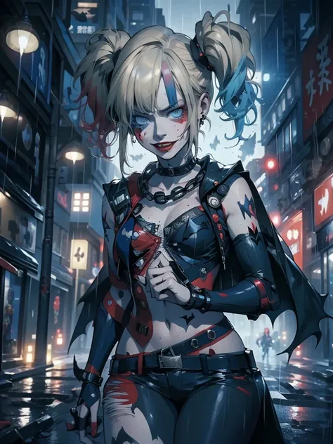 full shot, harley quinn wearing the batsuit in the heavy rain. on the streets of ghotam city in a neo city style. serious expres...