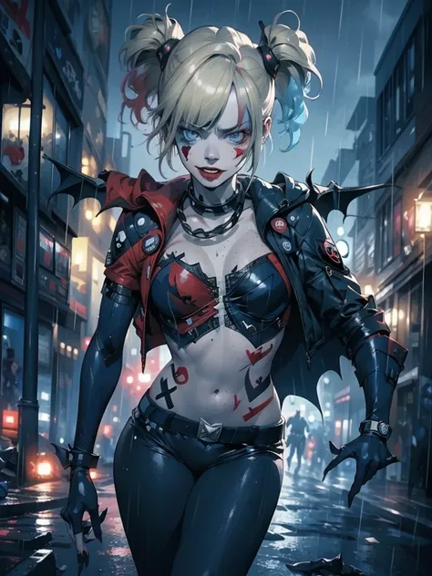 full shot, harley quinn wearing the batsuit in the heavy rain. on the streets of ghotam city in a neo city style. serious expres...