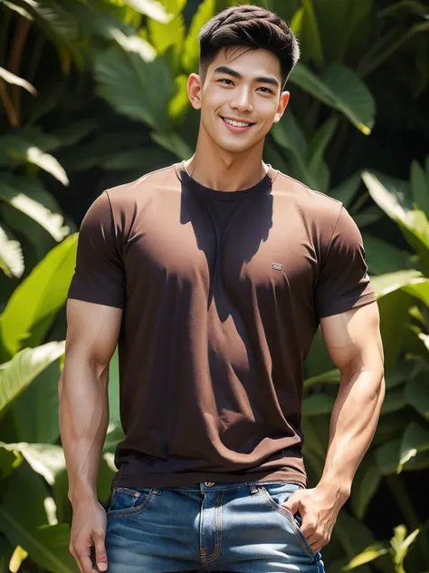 man , Brown t-shirt, jeans, black short hair , outdoor , cute smile , หน้าhandsomeแบบเกาหลีสมจริง , modest muscles , Masterpiece、High resolution、Surreal、detailed face、alone、man、Glowing skin、(Asia)、handsome、Detailed background