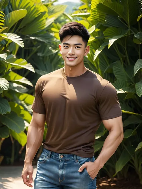 man , brown t-shirt, jeans, black short hair , outdoor , cute smile , หน้าhandsomeแบบเกาหลีสมจริง , modest muscles , masterpiece...