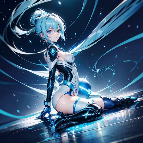 8k, Highest quality, (real:1.4), Original photo, 1 girl, Asari Hair, Biological Amplifier, Very sleek and futuristic armor, posture: Peace talks between warring factions,,attention arousal, smart blue eyes,A modest smile,Knee-high boots,Patent-look blue ti...