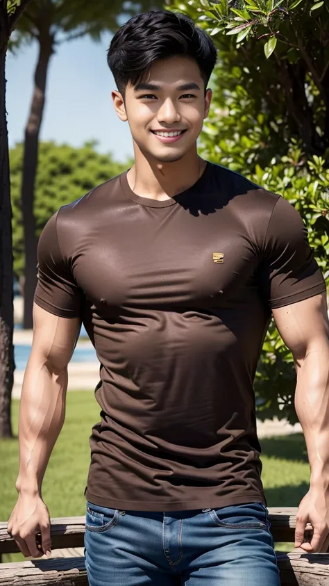 man , Brown t-shirt, jeans, black short hair , outdoor , cute smile , หน้าhandsomeแบบเกาหลีสมจริง , modest muscles , Masterpiece、High resolution、Surreal、detailed face、alone、man、Glowing skin、(Asia)、handsome、Detailed background