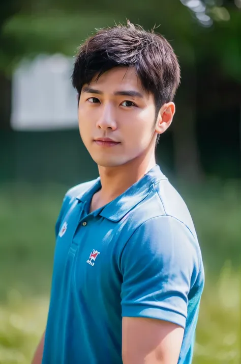 ((Highest quality, 8k, Masterpiece: 1.3))、Thailand Laos Burma Asia, Thai man, A handsome Asian rugby player with short hair, a muscular beard, and big muscles., １A man who has、20 yo、Good appearance、Beautiful nose、smile、 Detailed eyes and face、beautiful lig...