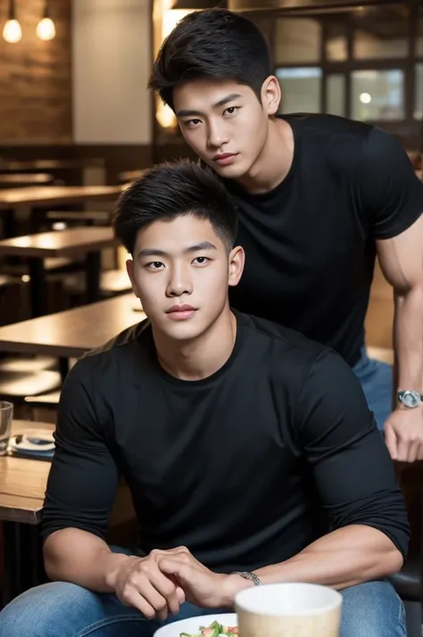 ((realistic daylight)) , Young Korean man in only a black sports shirt, no stripes, and jeans., A handsome, muscular young Asian man looks at the camera.  , in the restaurant ,turn sideways