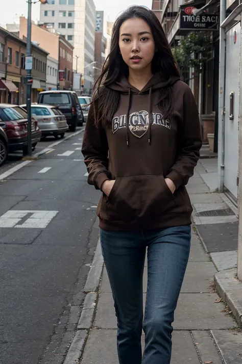 Jessica Henwick, brown hooded sweatshirt, black jeans.