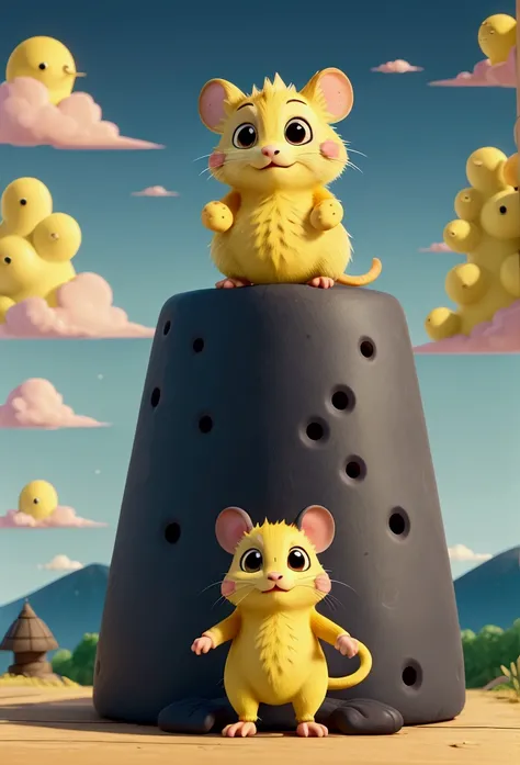 anime styling, animal rato. electric mouse, electrical powers, lightning-shaped tail, warm zigzag, black spot at the end of the syrup, yellow mouse, chubby mouse, at the mountain, sunny blue sky, gram