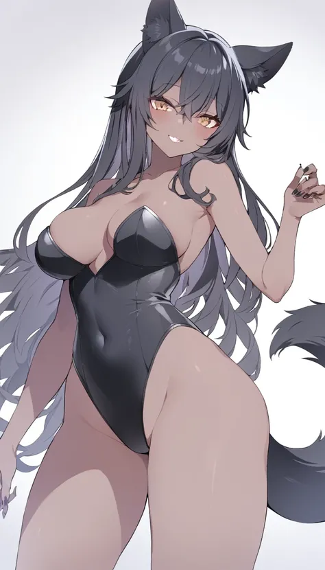 1girl、Dark Skin、solo、Animal ears、Dark Skinの女性、Black Hair、chest、Black nails、Long Hair、tail、smile、leotard、Underarm、Thighs