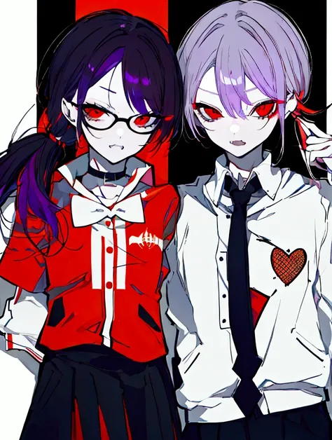 Hair: Purple hair styled into a high side ponytail on the right side with bat wing-like decorations. Eyes: Red eyes with glasses. Outfit: White jacket with black cuffs and collar, worn over an orange top. The character also has a red and black skirt with a...