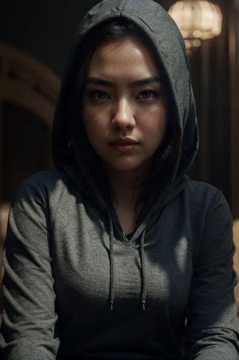 Jessica Henwick, brown hooded sweatshirt, black jeans, beautiful detailed eyes, beautiful detailed lips, extremely detailed face, long eyelashes, cinematic lighting, photorealistic, 8k, highres, masterpiece, hyper detailed, vibrant colors, dramatic shadows...