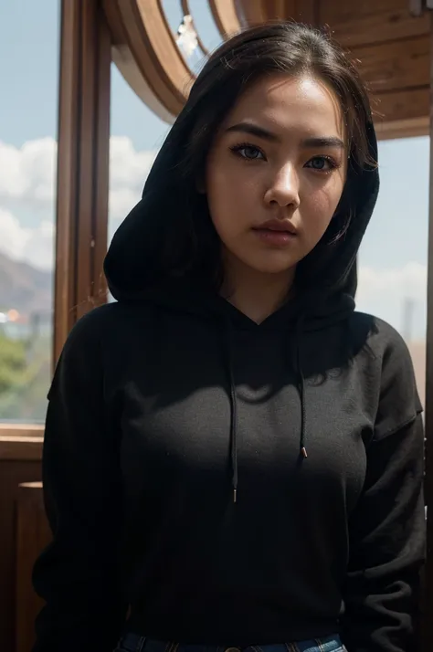 Jessica Henwick, brown hooded sweatshirt, black jeans, beautiful detailed eyes, beautiful detailed lips, extremely detailed face, long eyelashes, cinematic lighting, photorealistic, 8k, highres, masterpiece, hyper detailed, vibrant colors, dramatic shadows...