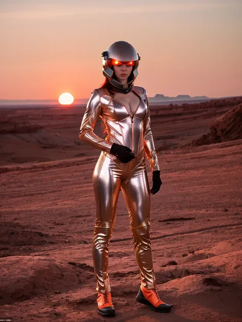 A photorealistic portrait of Marissa Mars, a 21-year-old Martian female, standing confidently with her hands on her hips. She sports long fiery red hair with holographic highlights that shimmer in changing colors under the Martian sunset. Her large, expres...