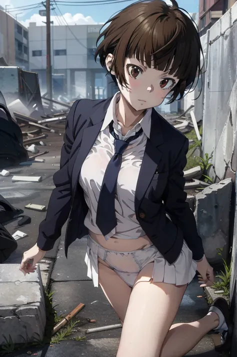 masterpiece,1 girl,akane tsunemori, navy blue tight skirt, navy blue jacket, white shirt, tie, pushed to the floor of the ruins,...