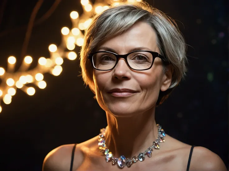 “A wonderful portrait of a 45-year-old woman with a slight smile, light, very short hair, glasses, no clothes on. In a mysterious and magical environment with glowing crystals and strange lights. Shot from a low angle in the wonderful style of Selve Sundsb...