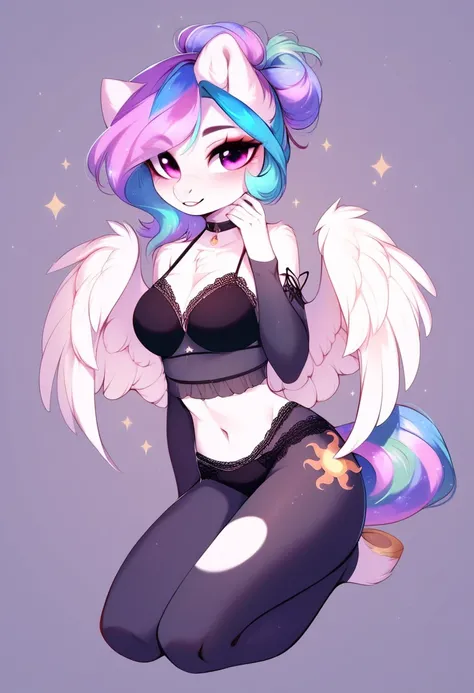 check_9, check_8_up, check_7_up, source_fluffy, rating_safe, from Magnaluna, Celestia poses seductively in a white bedroom, hair bun with bangs, pink eyes, white body, anthro, blushing, wearing goldern lingerie, full body