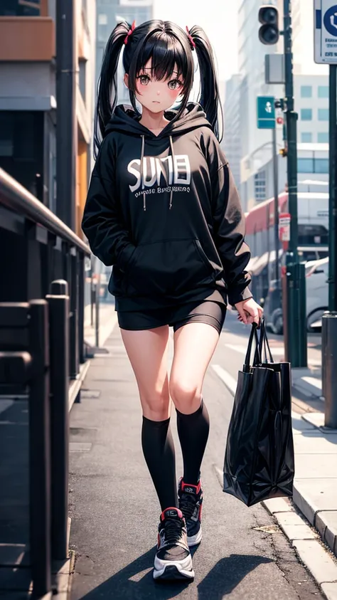 Full body, 1girl, black hair, twin tails, wearing a hoodie, black leggings, walks down a street in a city, sport shoes.

[soft lighting, warm colors, smooth textures, slight blur effect on the background, shallow depth of field]