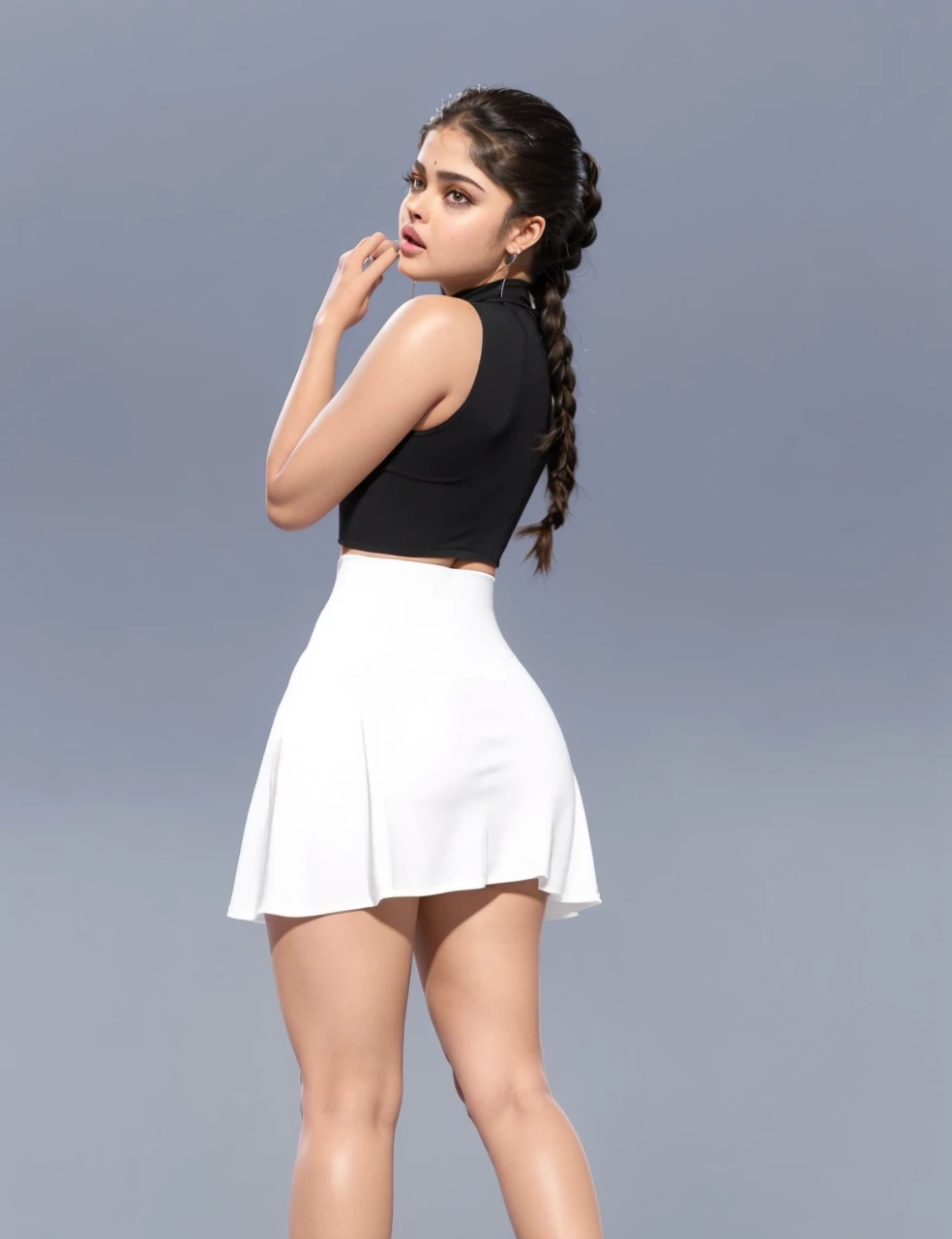 Back view, ((Beautiful teen girl, Odeya Rush, Becky G, maitreyi ramakrishnan, Priyanka Chopra, 18 years)), wearing black cotton-lycra turtleneck crop top and plain white miniskirt, grey studio background,  (HDR, 8K, vivid, vibrant, detailed: 1.4), (hyper r...