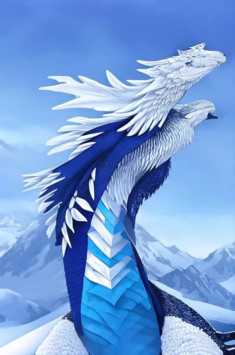 a large dragon, sharp and resistant scales, blue and white color palette, on a snowy mountain, great wings, eye white